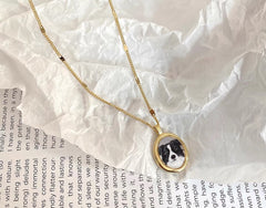 Personalized pet hand-drawing, Mother of Pearl Pendant Necklace, Long Gold Chain Necklace, Minimalist Layering Jewellery